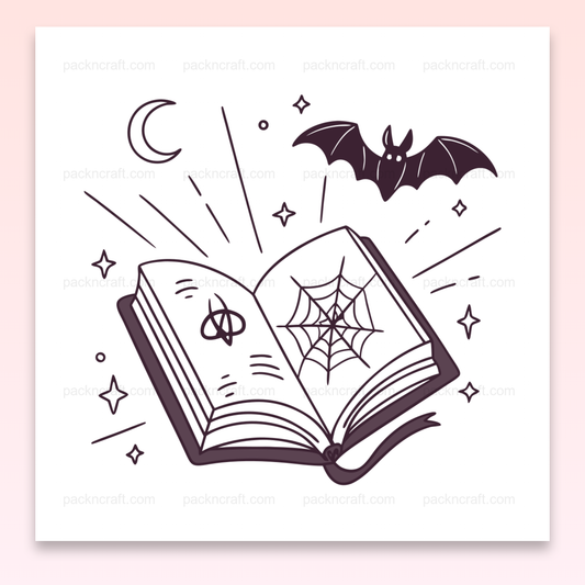 Illustration de livre enchanté avec chauve-souris pour Halloween, idéale pour projets DIY