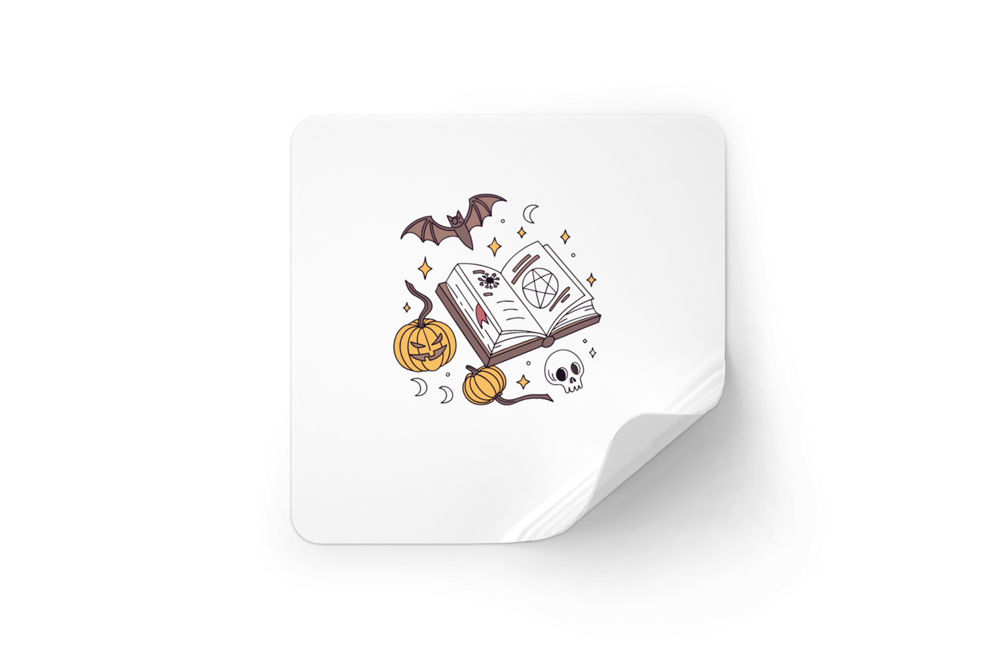 Sticker avec livre mystique entouré de citrouilles pour ambiance Halloween