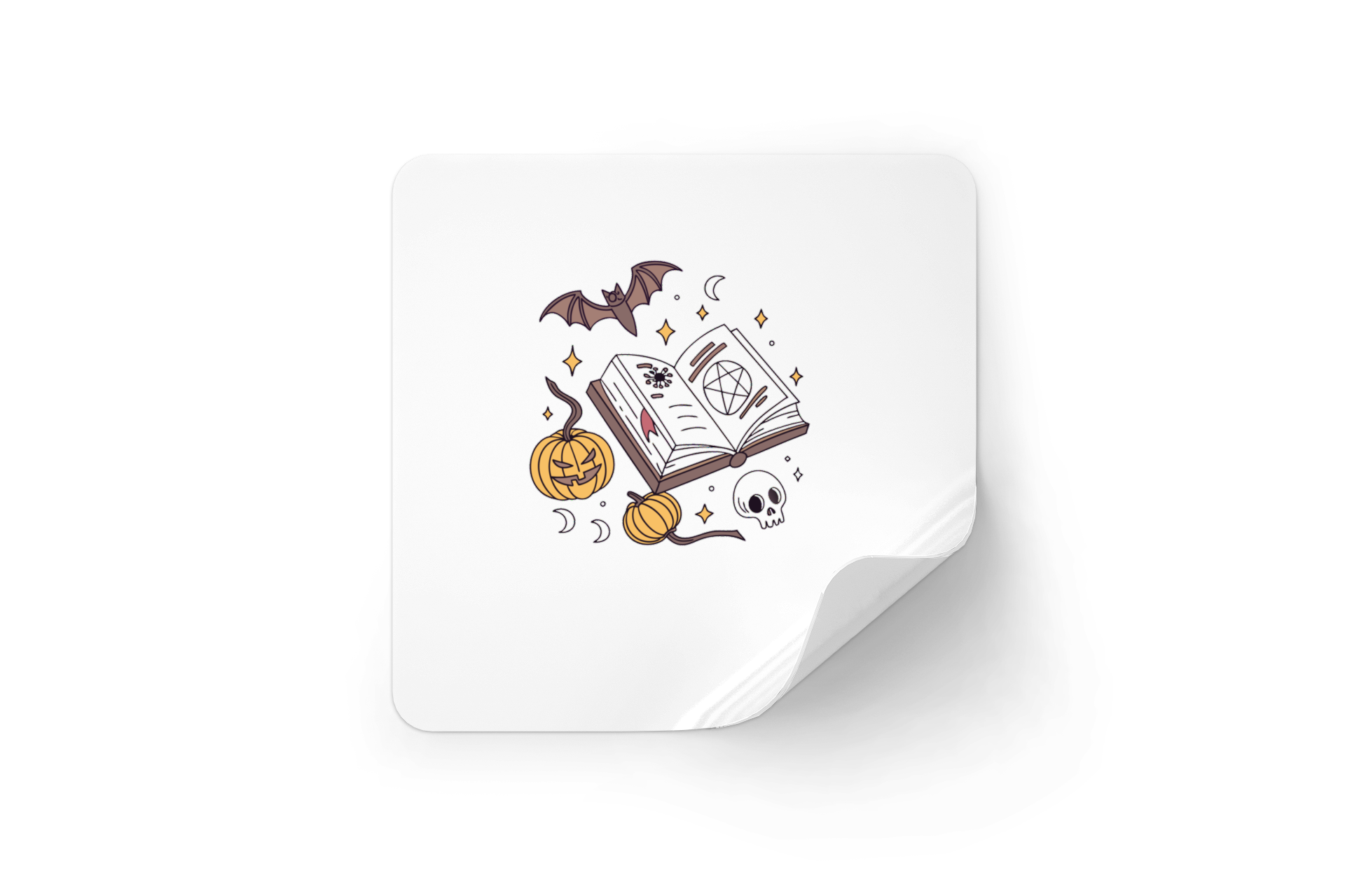 Sticker avec livre mystique entouré de citrouilles pour ambiance Halloween