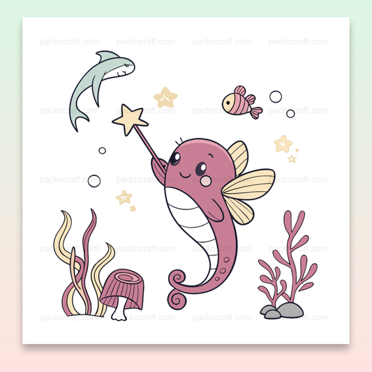Illustration mignonne d'un hippocampe dans l'océan, idéale pour DIY et papeterie.