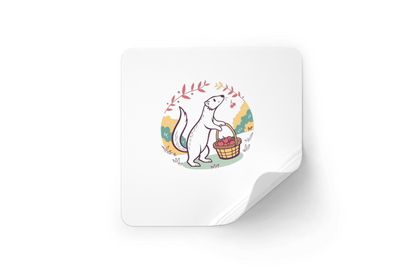 Sticker illustrant une belette joyeuse portant un panier de pommes style doux automnal