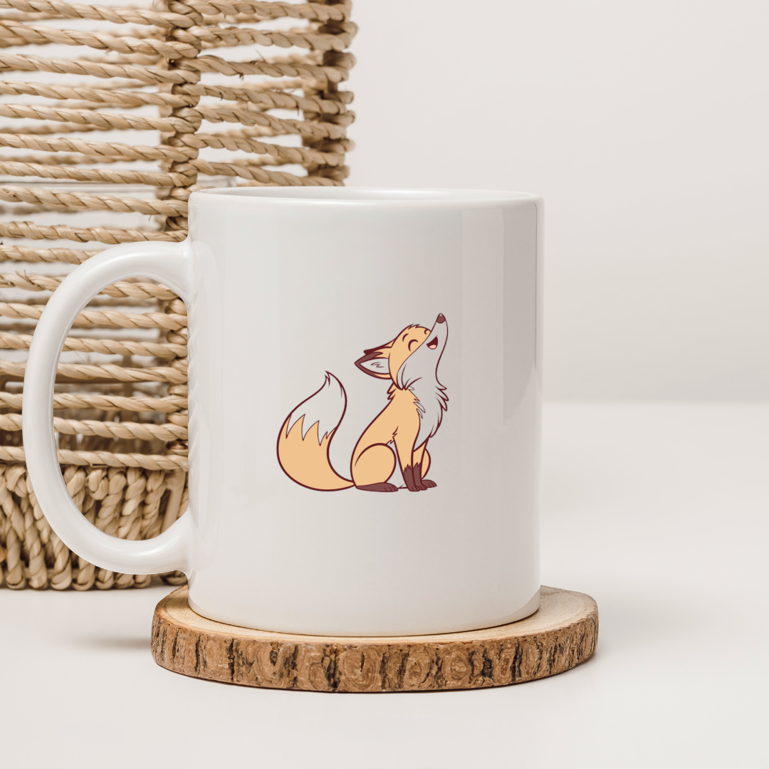 Mug avec un renard cartoon rieur en style numérique, ambiance nature paisible