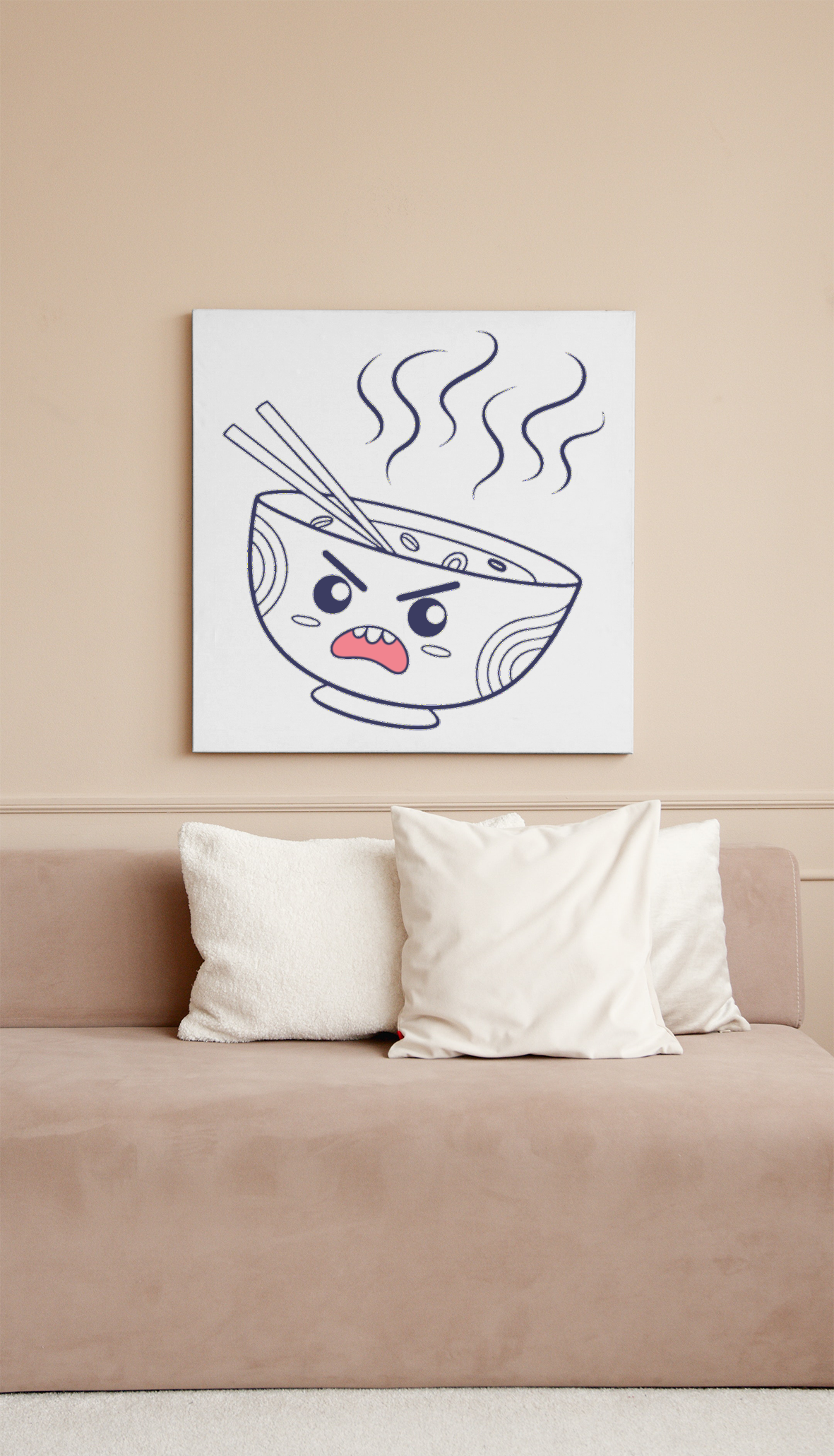 Cadre décoratif montrant un bol de ramen furieux en style monochrome