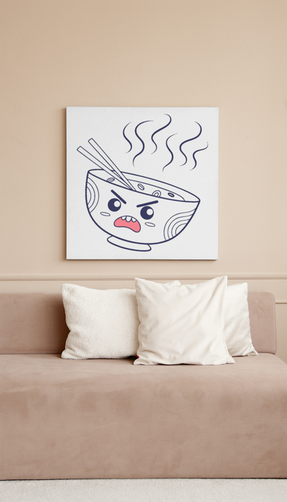 Cadre décoratif montrant un bol de ramen furieux en style monochrome