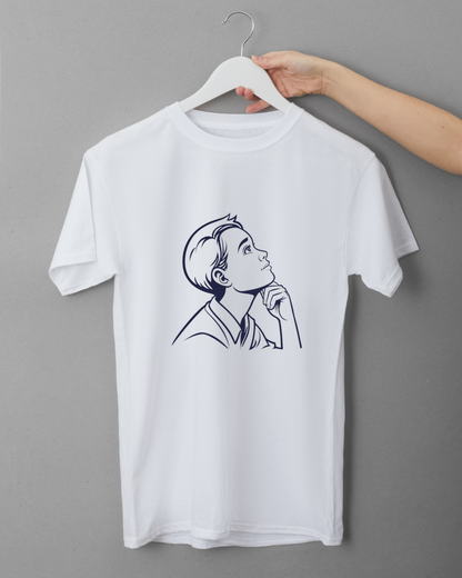 T-shirt orné d'une illustration numérique moderne d'un garçon pensif