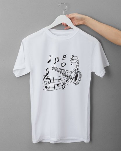 T-shirt artistique avec motif de flûte et notes de musique dansantes