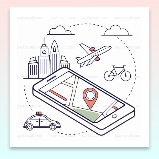 Illustration d'un smartphone avec carte entouré de moyens de transport pour usage créatif DIY.