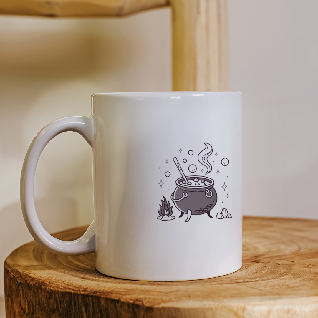 Mug décoré d'un chaudron magique dans un style mystique idéal pour Halloween