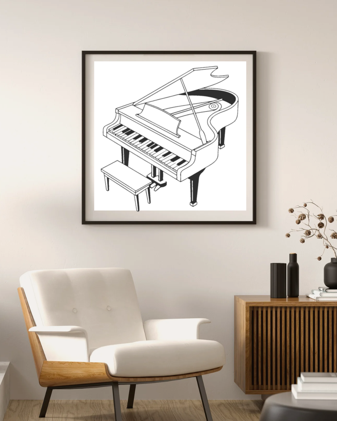 Cadre mural avec piano à queue minimaliste évoquant une ambiance musicale harmonieuse