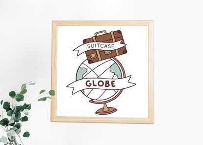 Cadre inspirant avec design aventure valise et globe en fond élégant