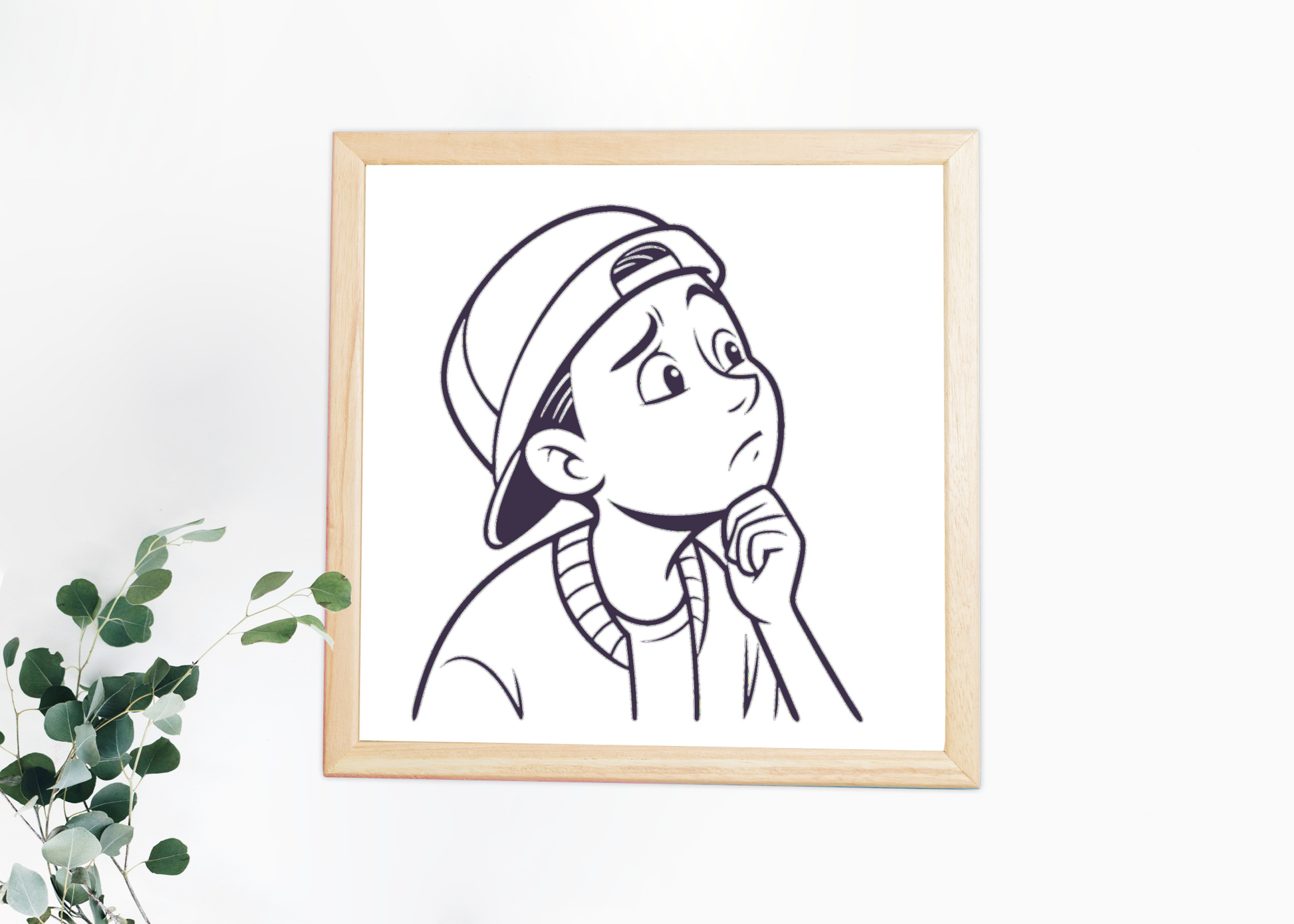 Cadre avec garçon pensif stylisé, parfait pour une ambiance éducative minimaliste