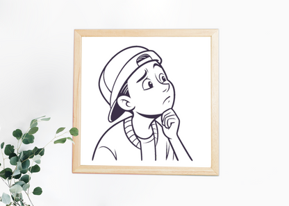Cadre avec garçon pensif stylisé, parfait pour une ambiance éducative minimaliste