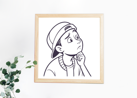 Cadre avec garçon pensif stylisé, parfait pour une ambiance éducative minimaliste