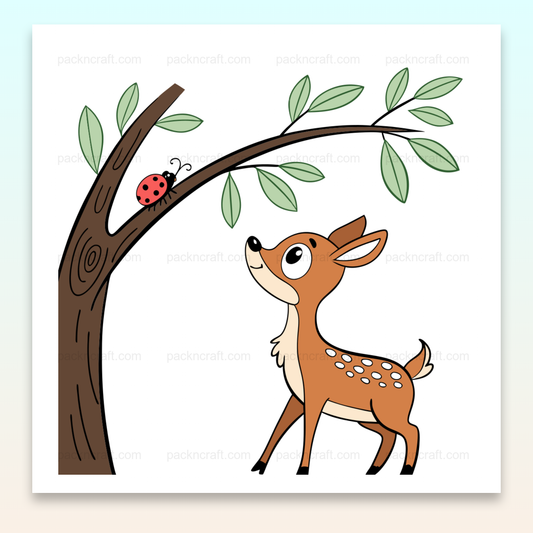 Illustration d'un faon et coccinelle sur un arbre, style pastel pour DIY