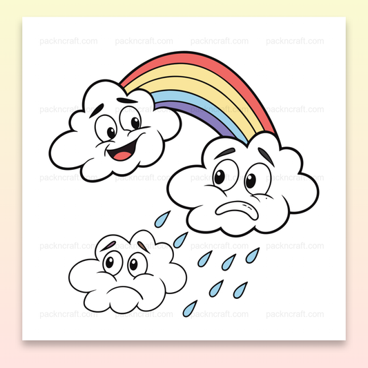 Illustration de nuages joyeux sous un arc-en-ciel, parfaite pour DIY et déco.