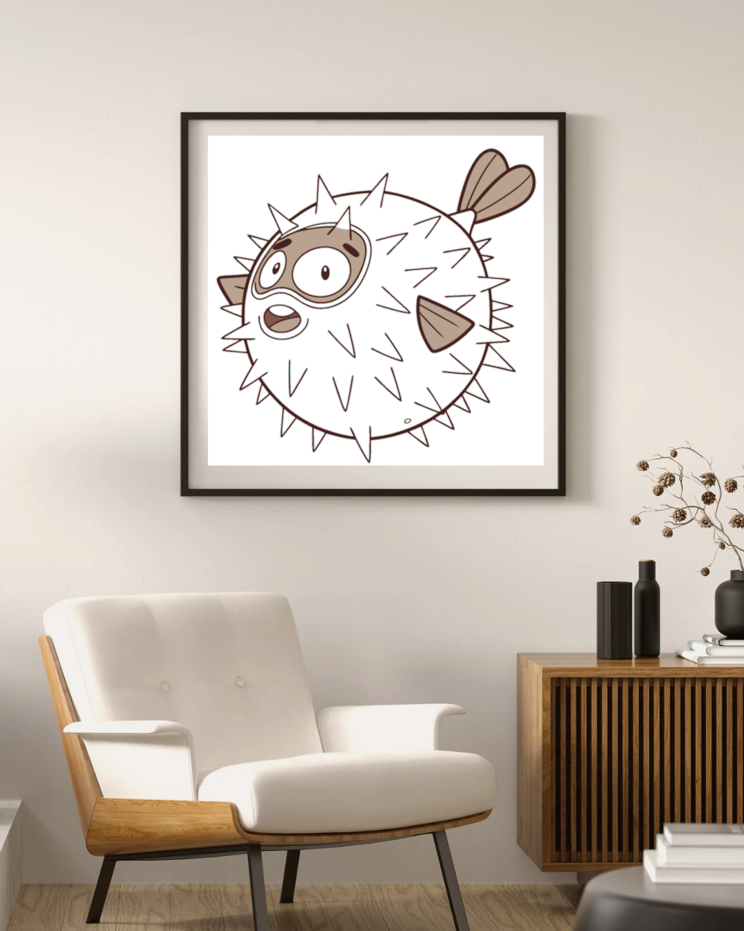 Cadre avec poisson-globe amusé au style minimaliste marin et décoratif
