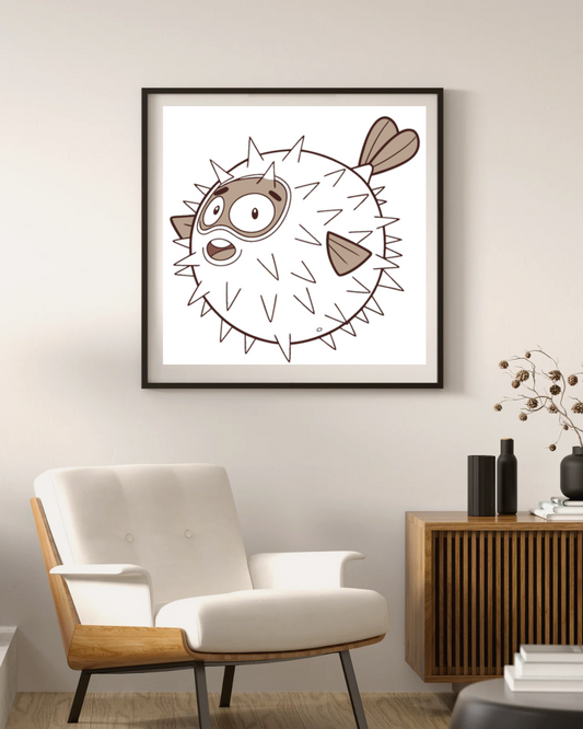 Cadre avec poisson-globe amusé au style minimaliste marin et décoratif