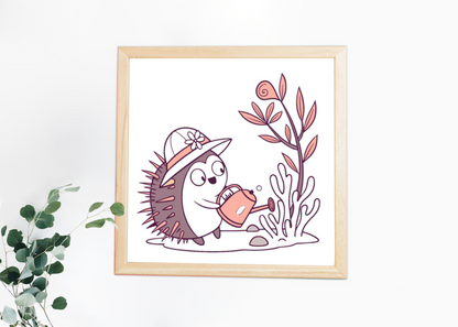 Cadre de décoration avec hérisson pastel arrosant des fleurs de printemps