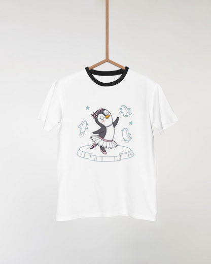 T-shirt avec pingouin dansant thème hiver dans un style doodle amusant