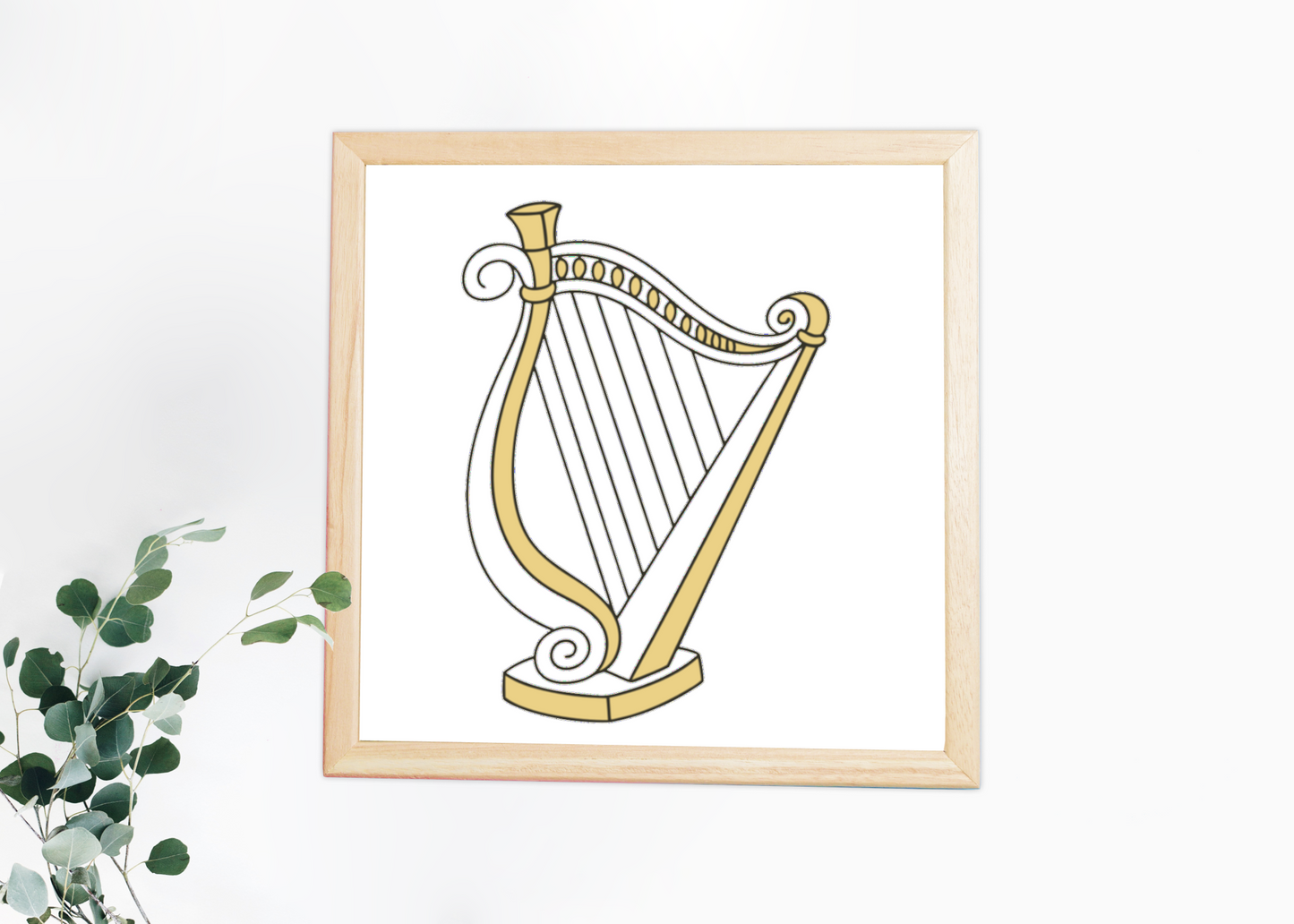 Cadre mural avec harpe élégante sur fond musical orné style classique