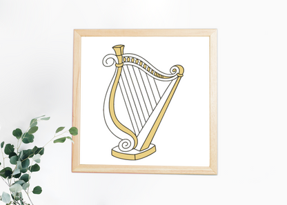 Cadre mural avec harpe élégante sur fond musical orné style classique