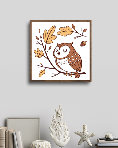 Cadre automnal avec dessin doodle de chouette paisible posée sur une branche