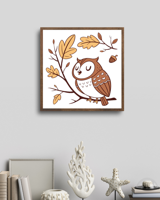 Cadre automnal avec dessin doodle de chouette paisible posée sur une branche