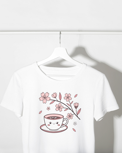 T-shirt moderne avec motif pastel de tasse souriante et fleurs de sakura
