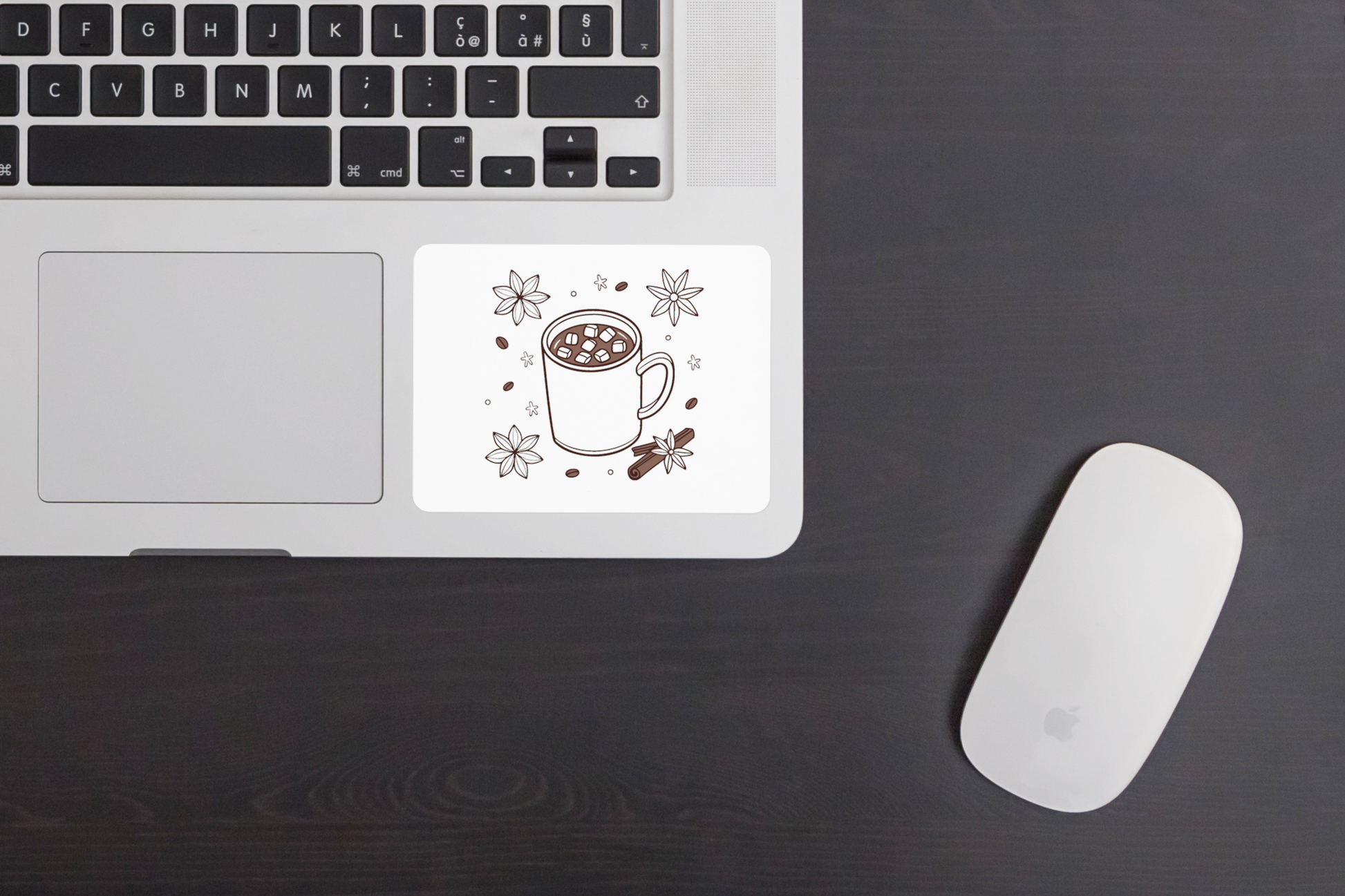 Sticker avec motif élégant évoquant un hiver magique autour d'un chocolat chaud