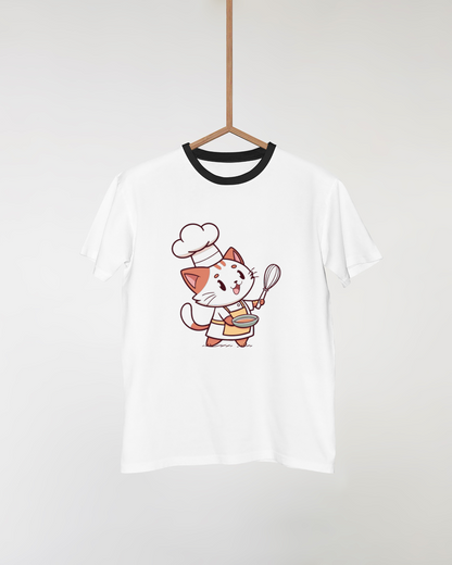 T-shirt avec chat pâtissier style cartoon pour cuisine créative et amusante