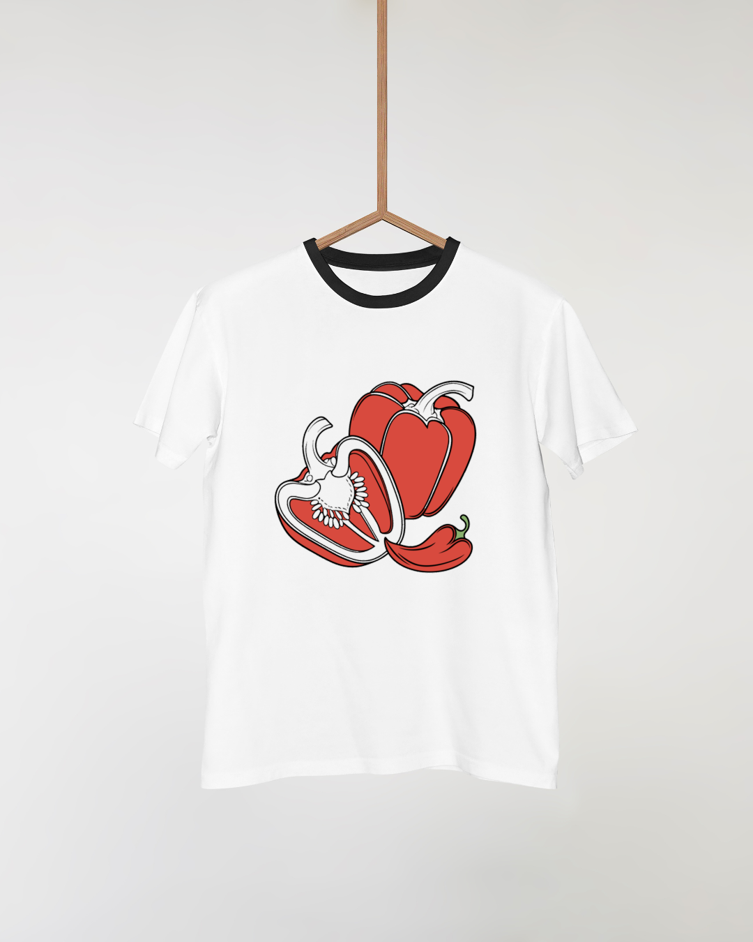 T-shirt avec icône de poivrons stylisés, minimaliste et coloré