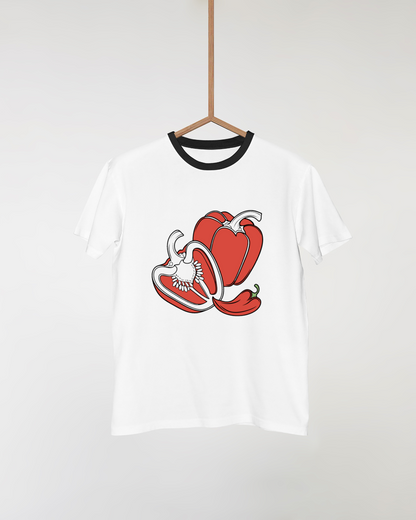 T-shirt avec icône de poivrons stylisés, minimaliste et coloré