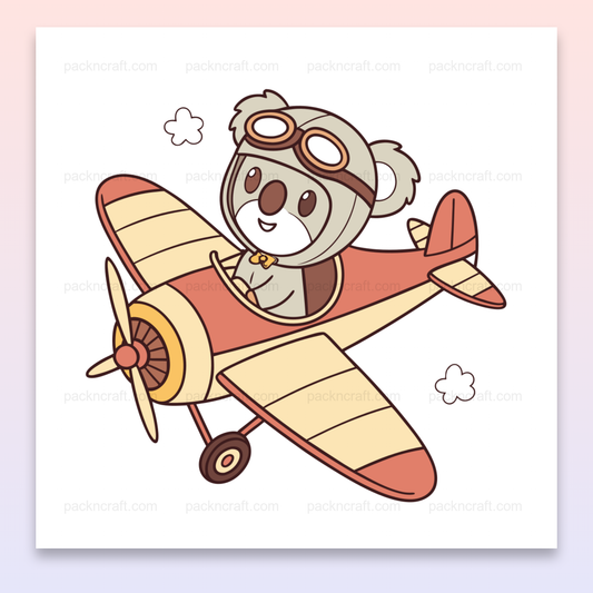 Illustration d'un koala pilote en avion kawaii, pour projets DIY et décoration.