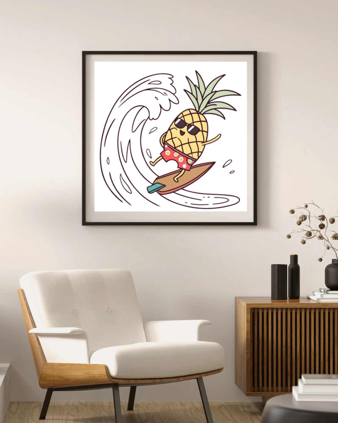 Cadre avec ananas joyeux surfeur et ambiance estivale colorée