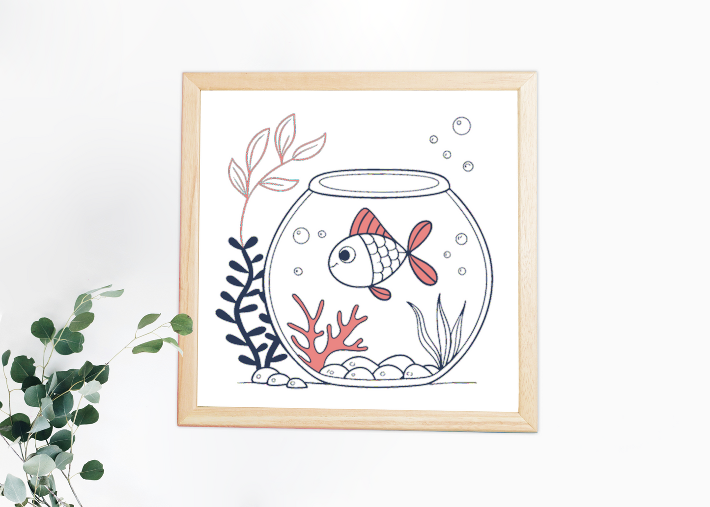Cadre décoratif avec poisson joyeux doodle dans bocal, style aquatique illustré