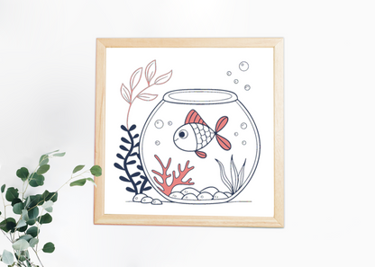 Cadre décoratif avec poisson joyeux doodle dans bocal, style aquatique illustré