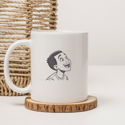 Mug avec motif numérique ligne claire représentant un garçon heureux et positif