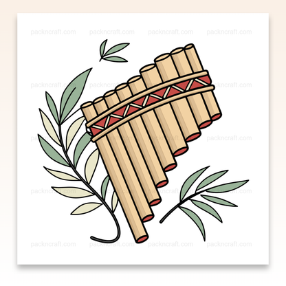 Illustration de flûte de Pan stylisée avec des feuilles, idéale pour projets créatifs.