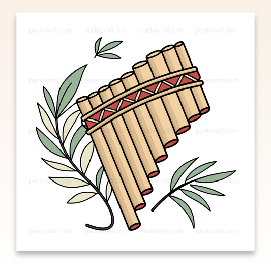 Illustration de flûte de Pan stylisée avec des feuilles, idéale pour projets créatifs.