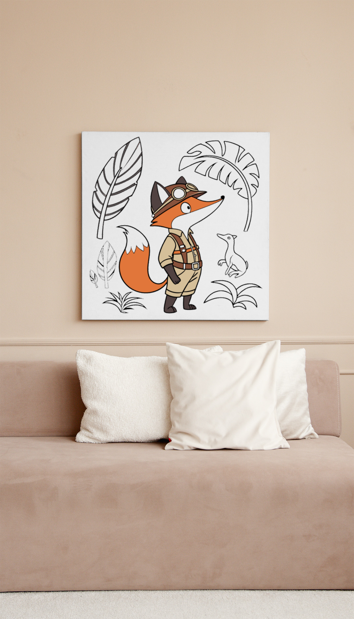 Cadre captivant avec renard aventurier et dino dans un élégant style jungle