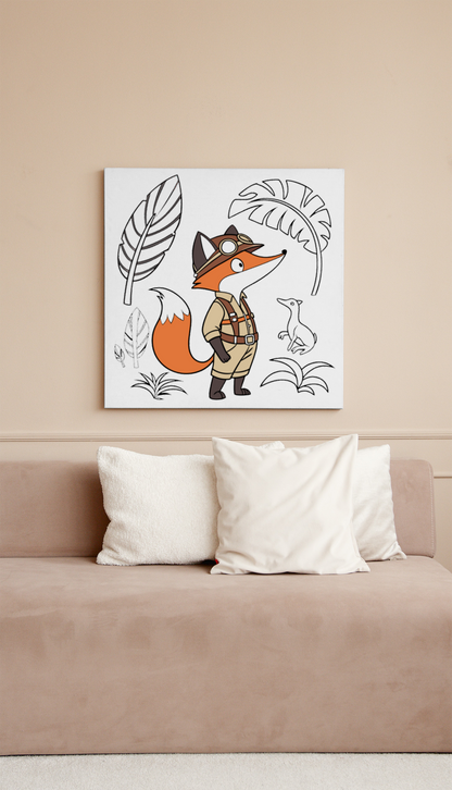 Cadre captivant avec renard aventurier et dino dans un élégant style jungle