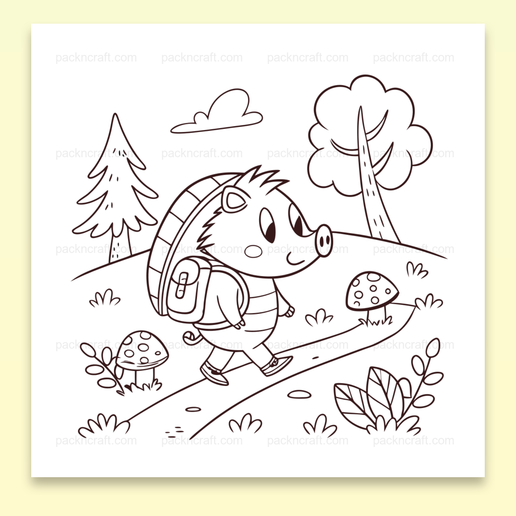 Illustration hérisson randonneur joyeux en forêt, SVG imprimable pour DIY et projets éducatifs
