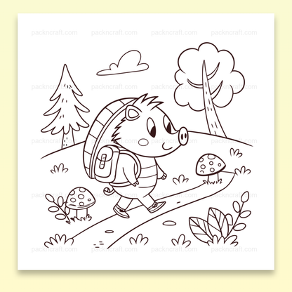 Illustration hérisson randonneur joyeux en forêt, SVG imprimable pour DIY et projets éducatifs