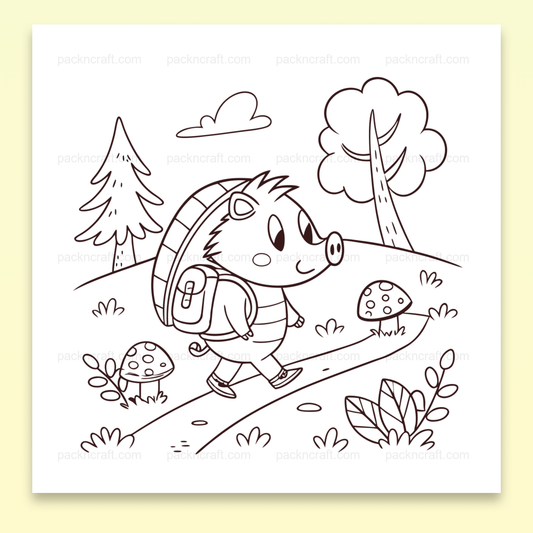 Illustration hérisson randonneur joyeux en forêt, SVG imprimable pour DIY et projets éducatifs