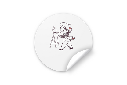 Sticker au design enfantin représentant un artiste en herbe dans des tons pastel