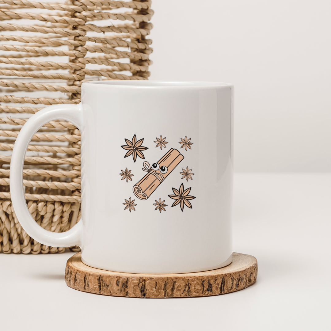 Mug avec bâton de cannelle amusé style vectoriel doux sur thème gourmand