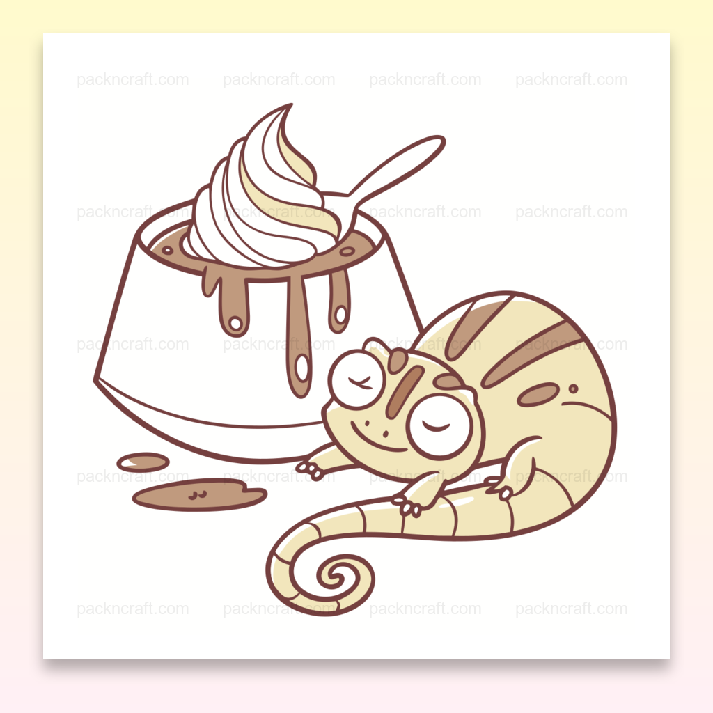 Illustration charmante de caméléon endormi avec coupe glacée, parfaite pour projets créatifs.