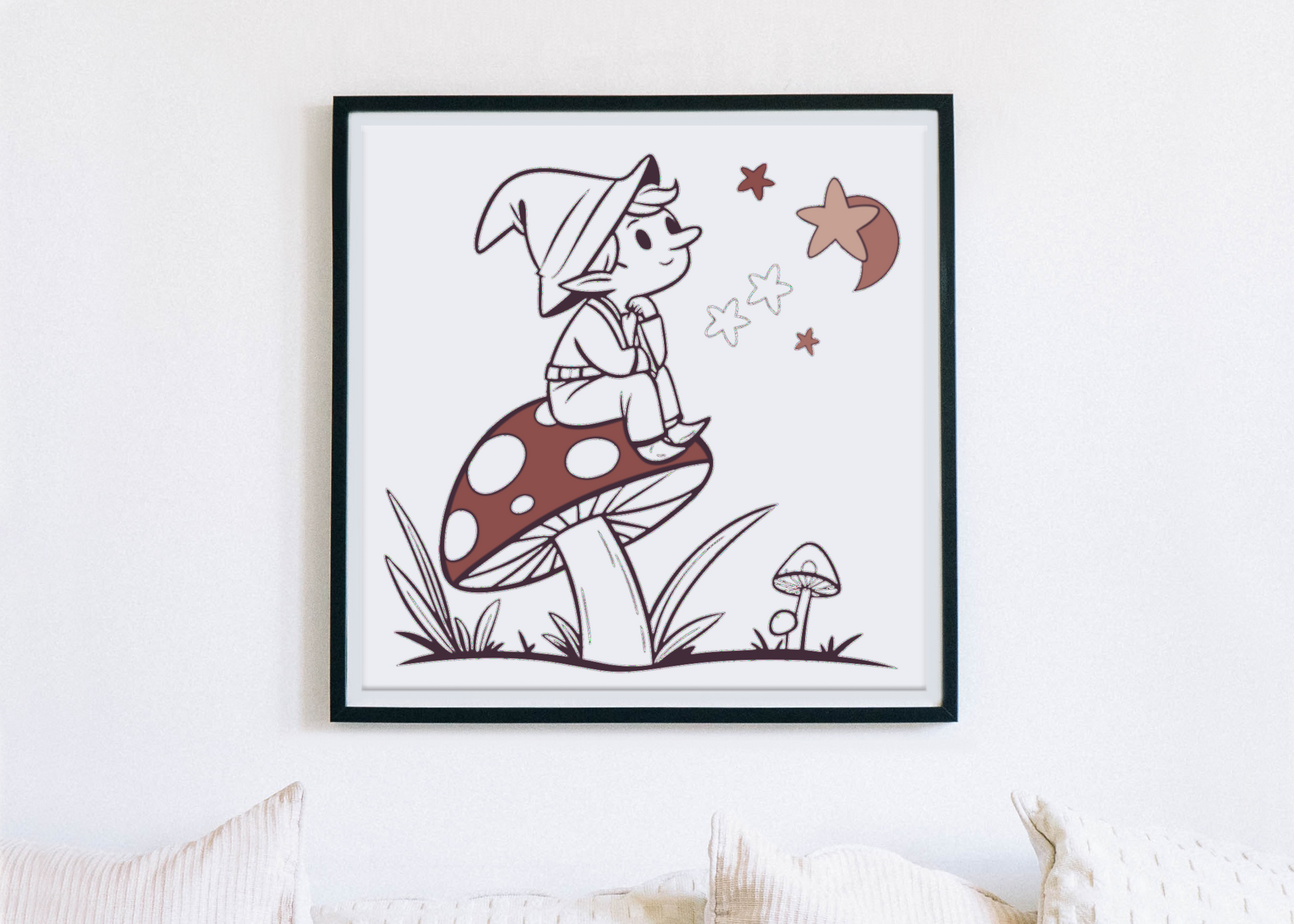 Cadre avec lutin rêveur style doodle sur champignon dans un univers enchanteur