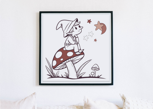 Cadre avec lutin rêveur style doodle sur champignon dans un univers enchanteur