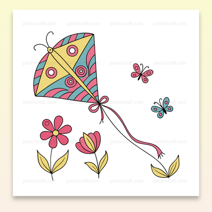 Cerf-volant joyeux et papillons colorés, illustration printanière en PNG